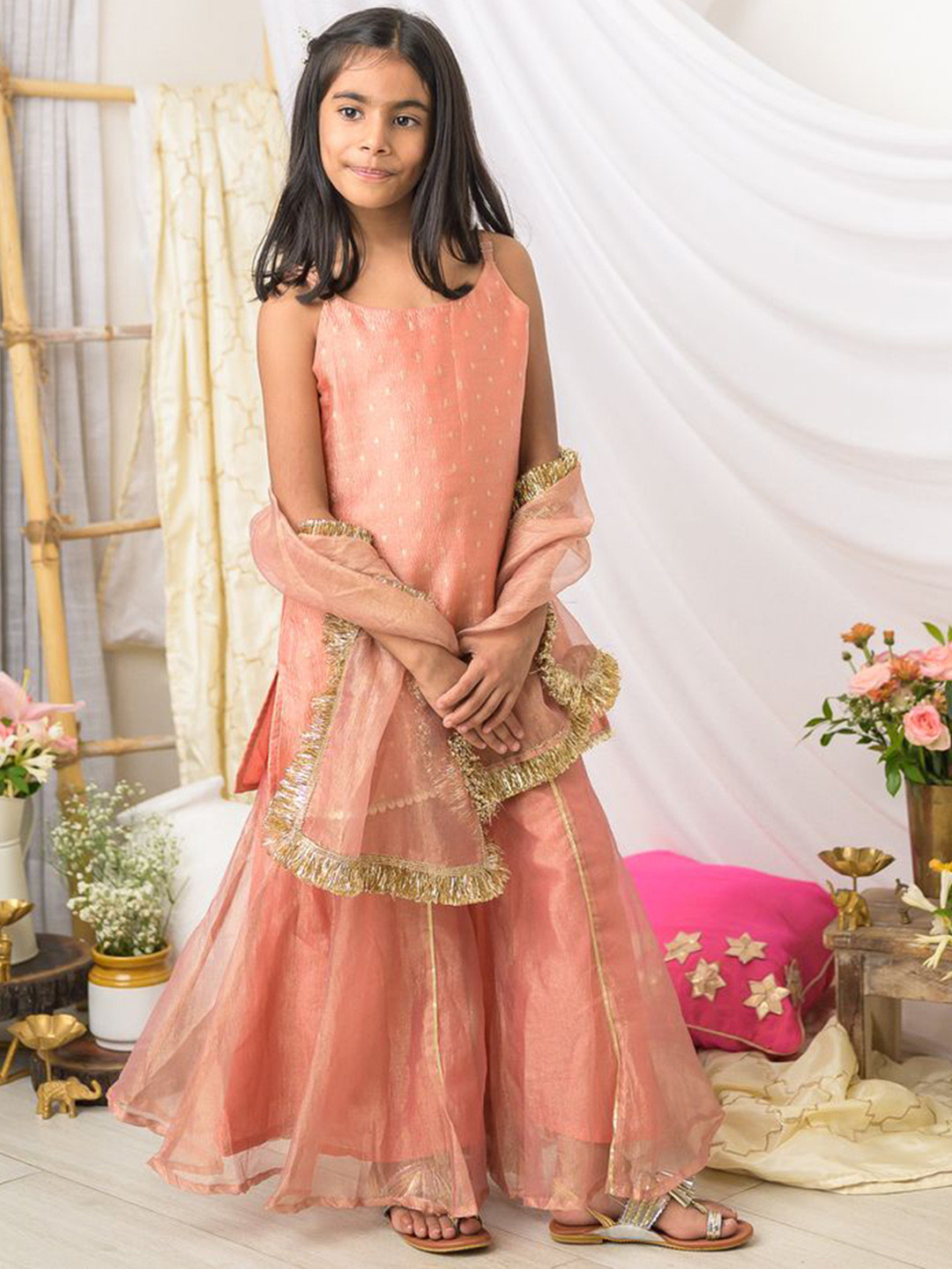 Fairies Forever Girls Floral Regular Tissue Top with Sharara & Dupatta