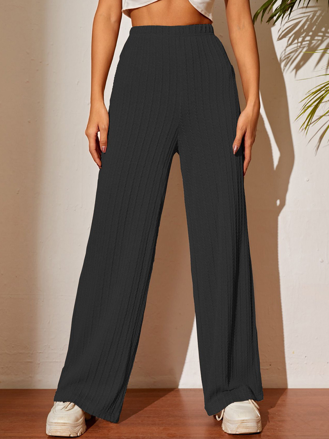 PREMNAD Women Smart Striped High Rise Relaxed Fit Easy Wash Regular Trousers