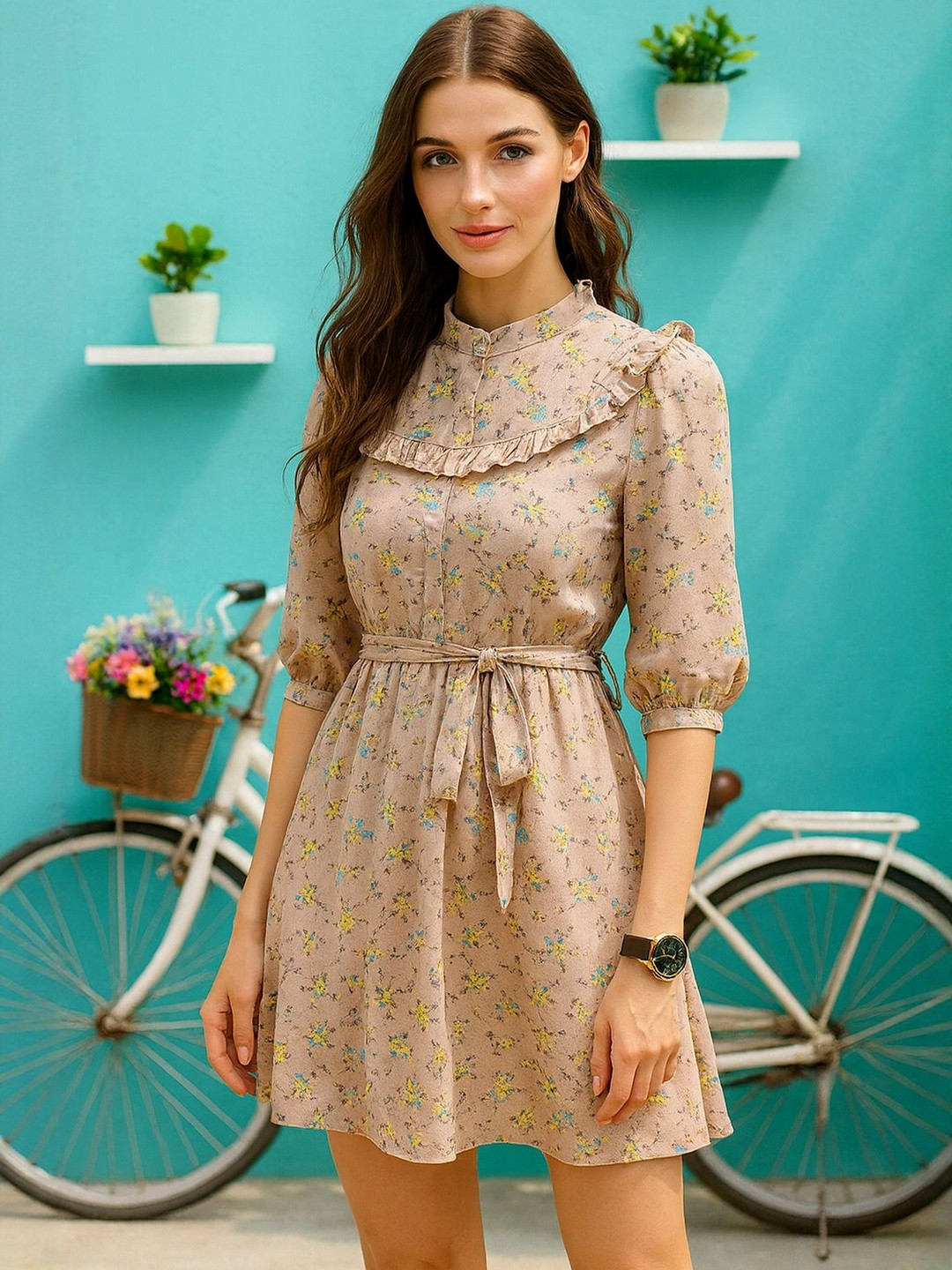 DressBerry Women Brown  Printed Georgette A-Line Dresses