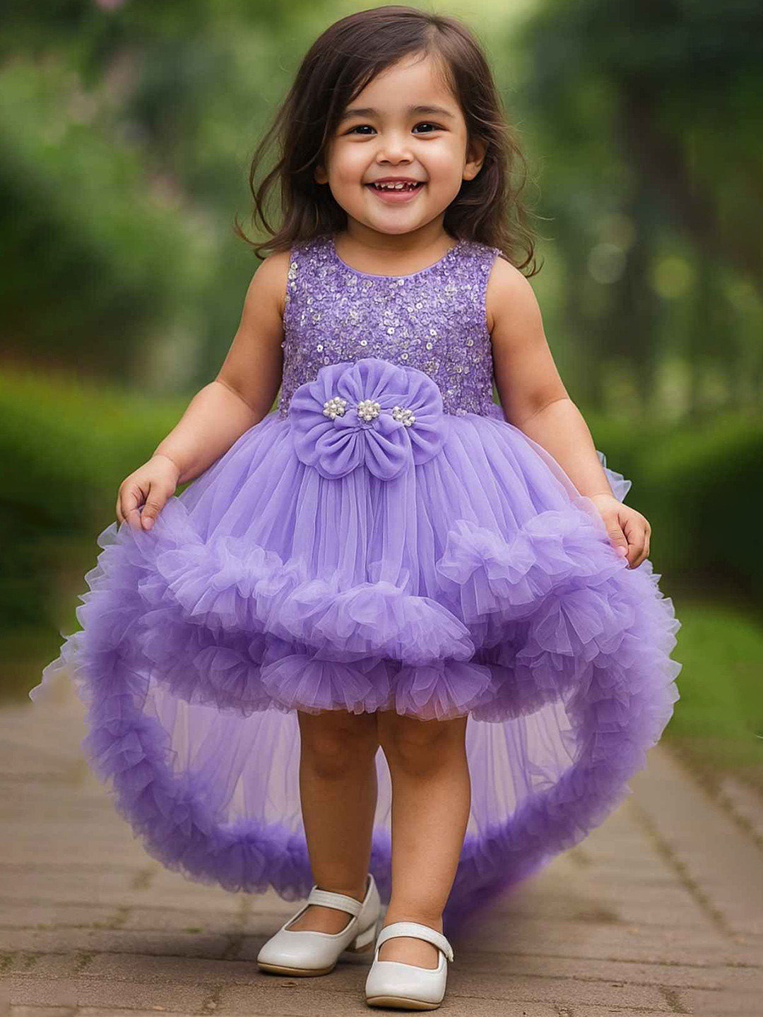 Lagorii Girls Purple Sequin Bodice High-Low Party Frock with Ruffle Layers