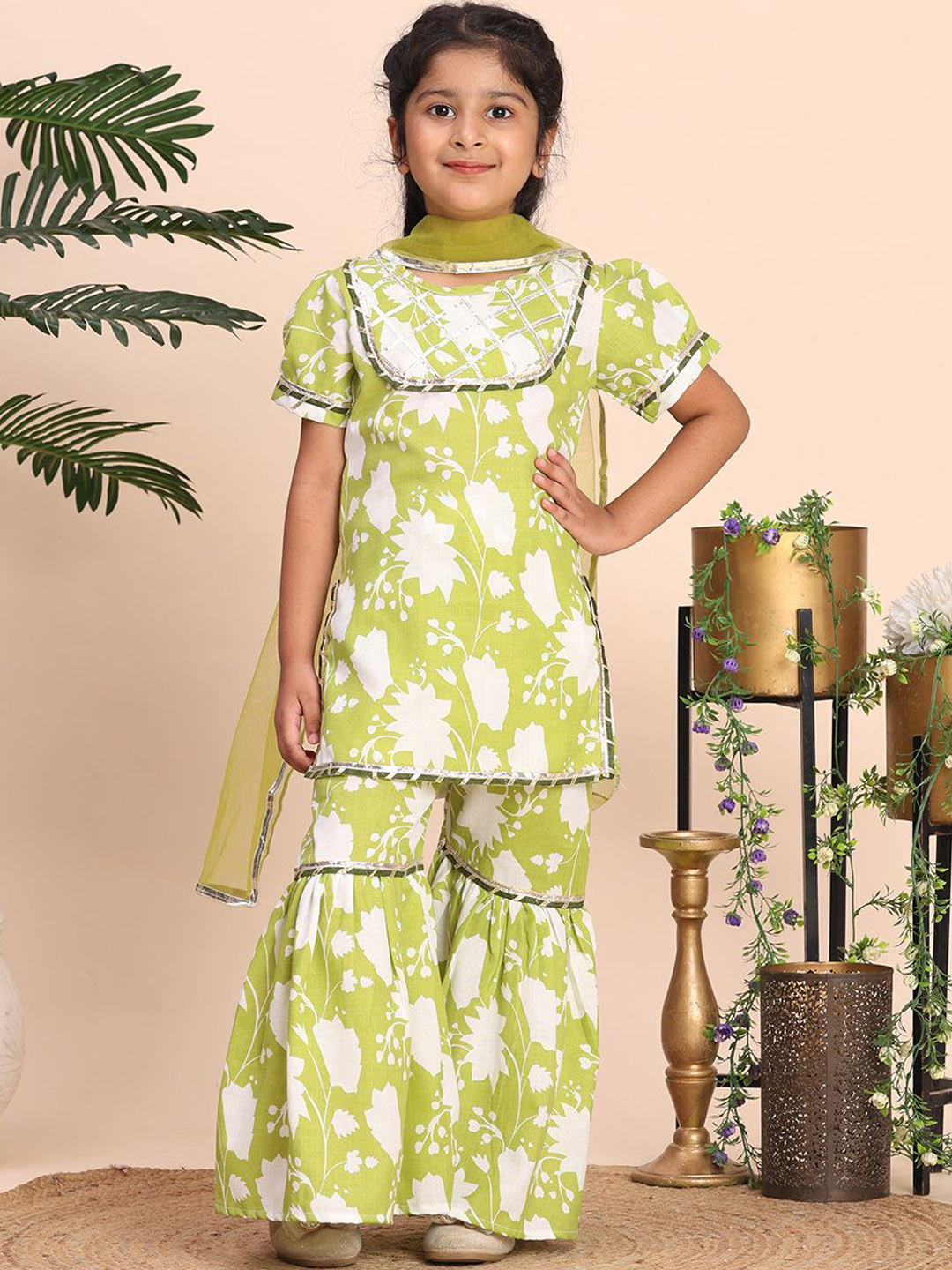 Girls Floral Printed Empire Gotta Patti Kurta with Sharara & Dupatta 7