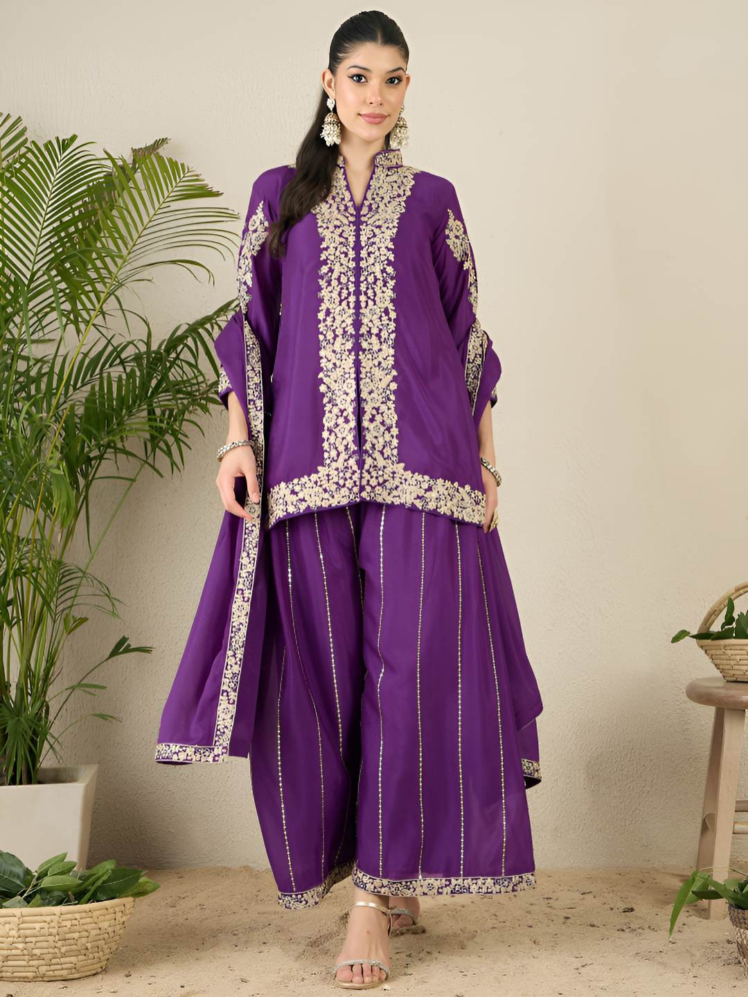SERONA FABRICS Ethnic Motifs Embroidered Kurta With Sharara & Dupatta