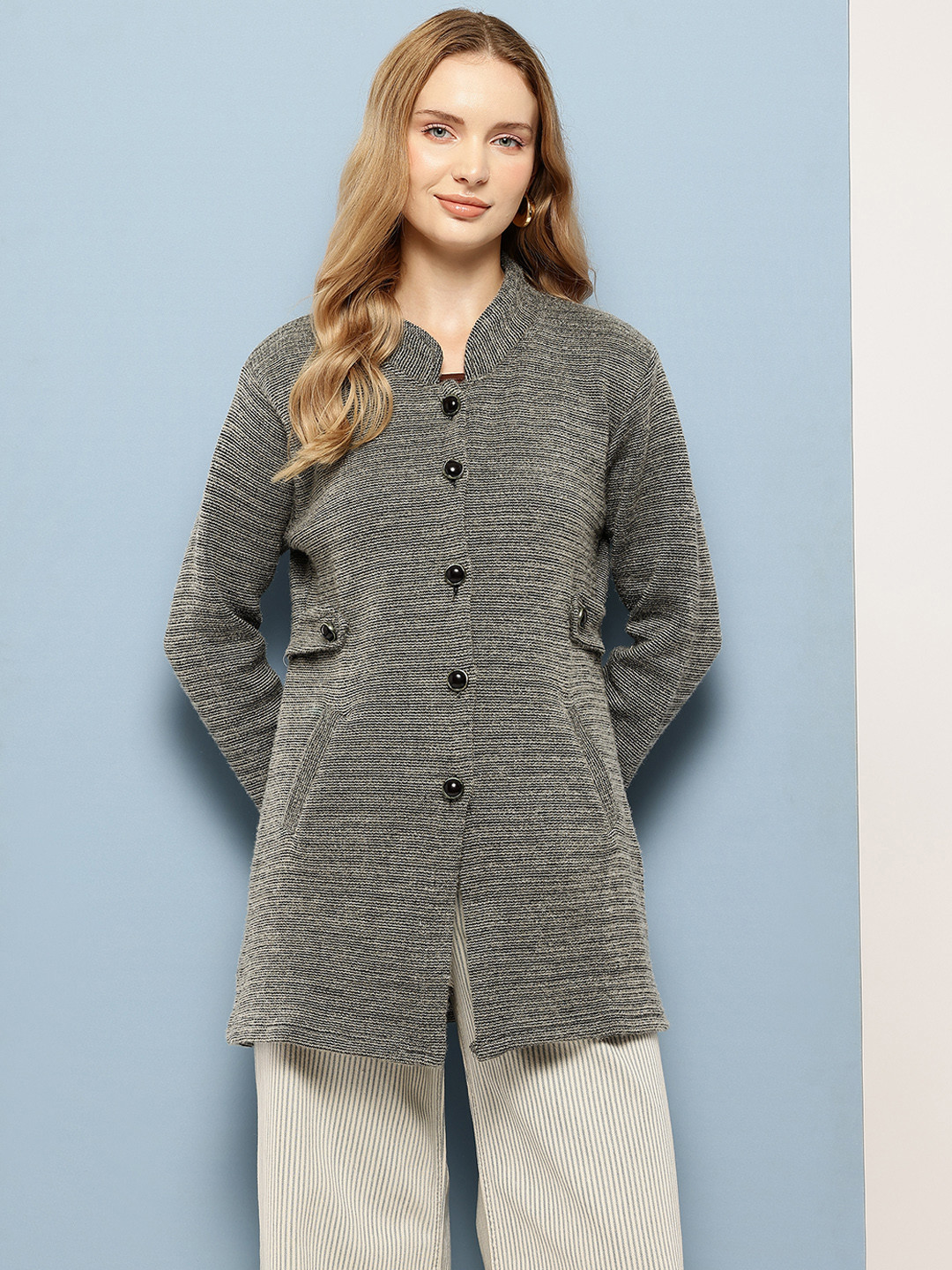 Aarika Heathered Effect Longline Woollen Button-Down Cardigan