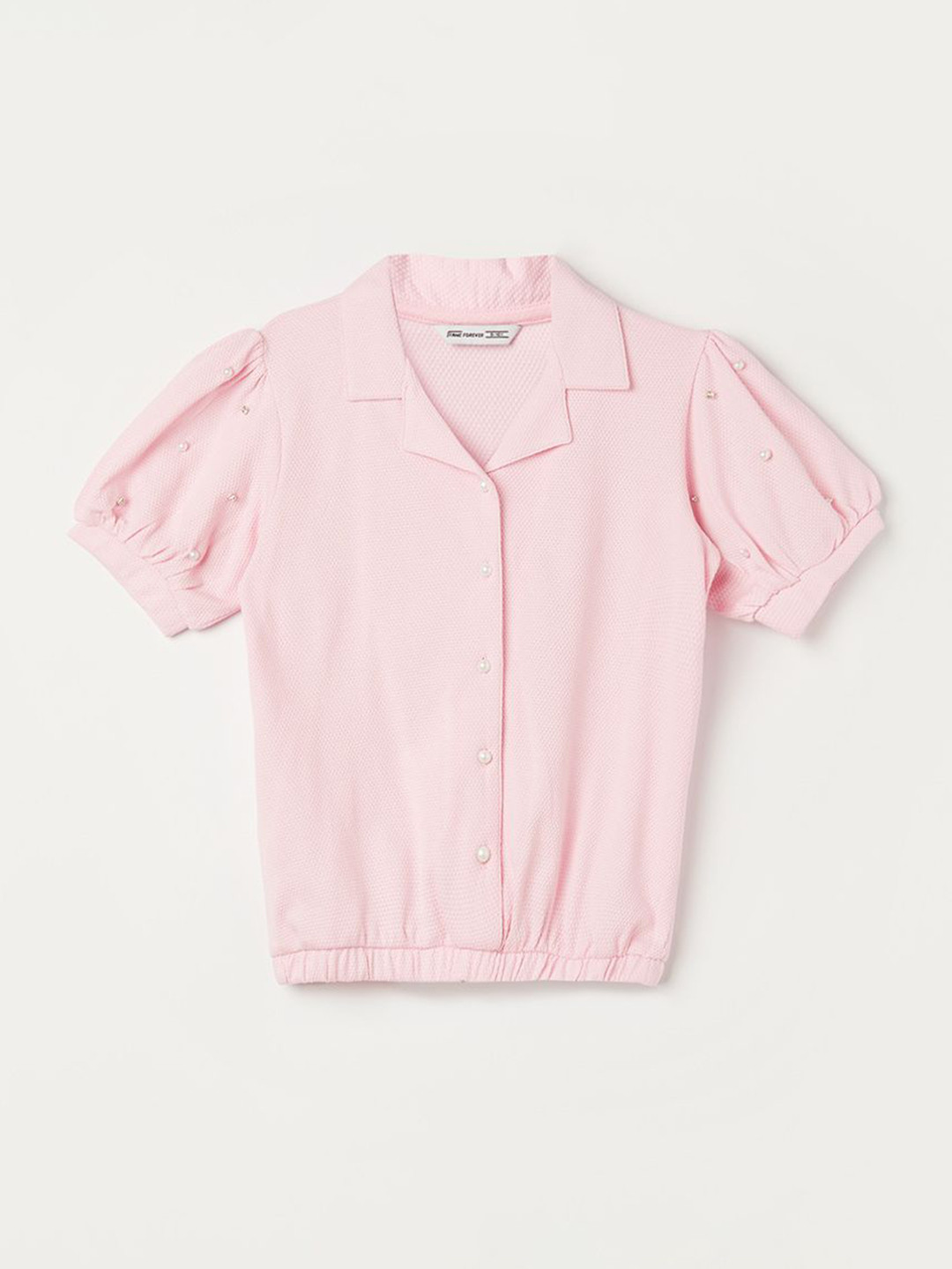 Fame Forever by Lifestyle Girls Lapel Collar Puff Sleeve Cotton Shirt Style Top