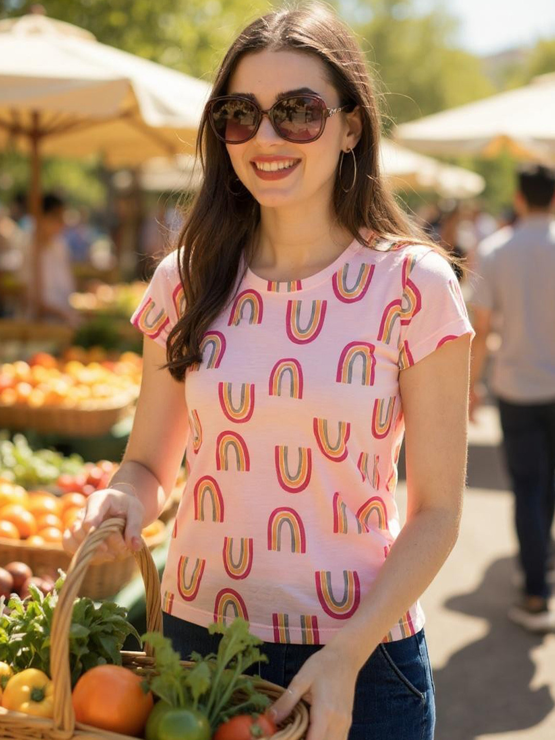 INUKA Women Peach & Pink Graphic Round Neck T-shirt