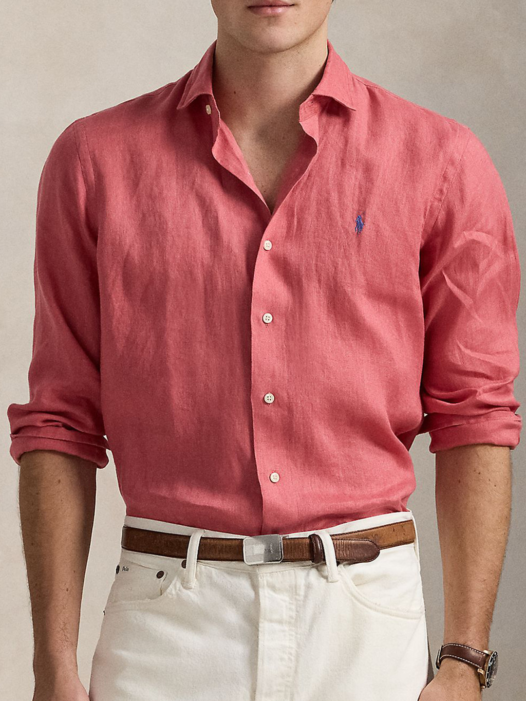 Polo Ralph Lauren Men Solid Spread Collar Linen Casual Shirt