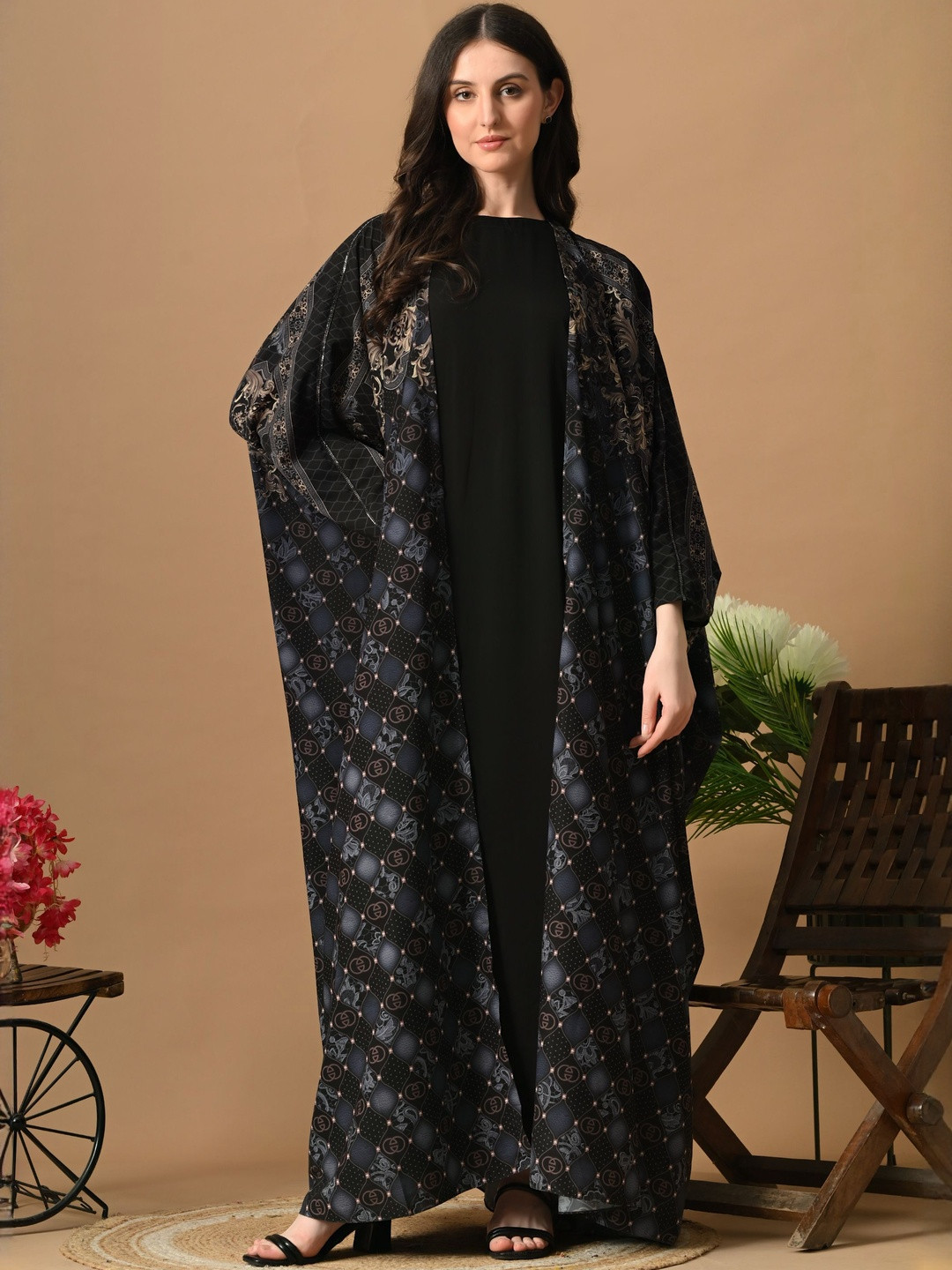 Demure by shiba Ethnic Motifs Printed Kimono Sleeves Satin Kaftan Maxi Dress