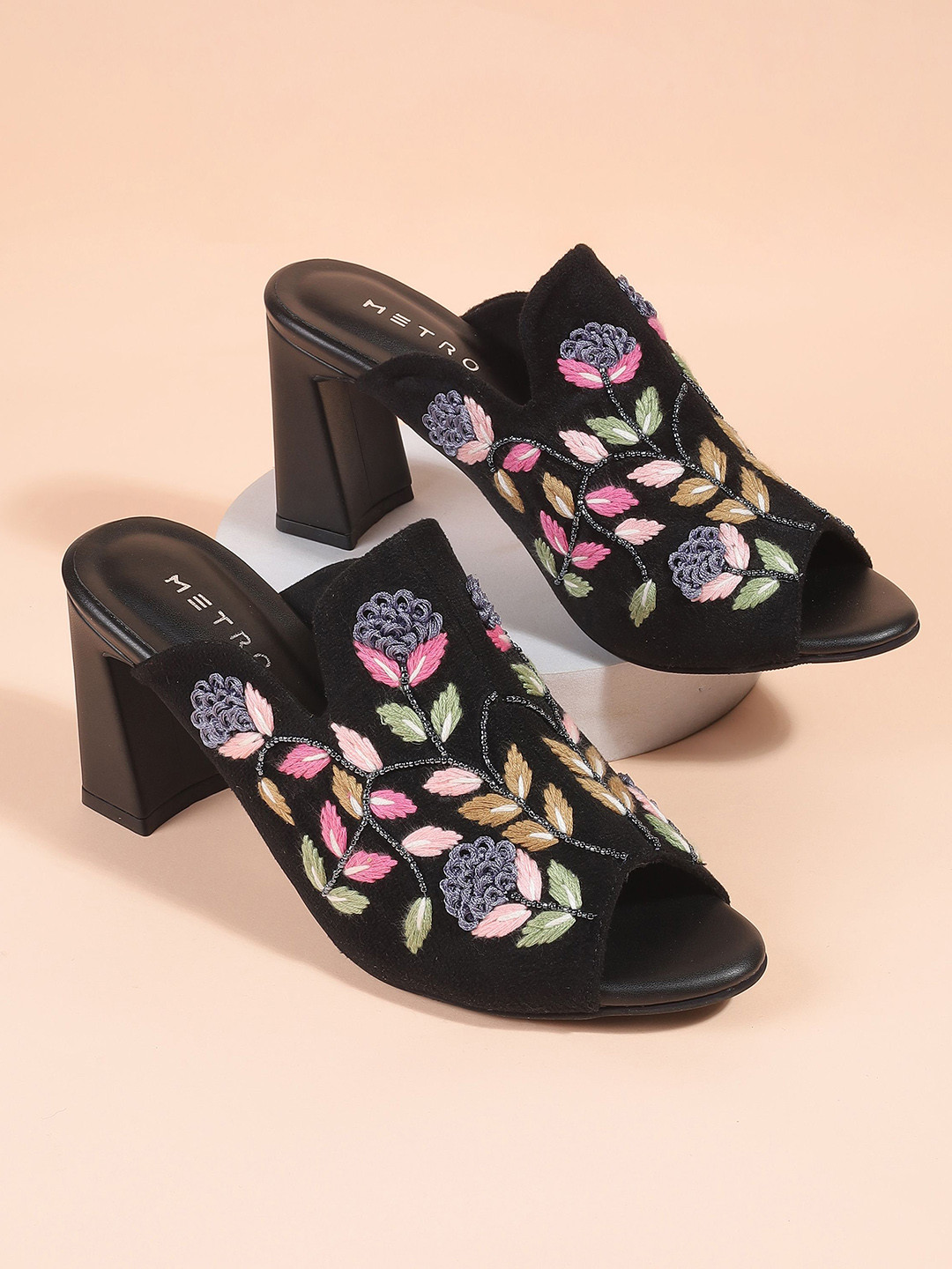 Metro Women Woven Design Peep Toes Block Heels Mules