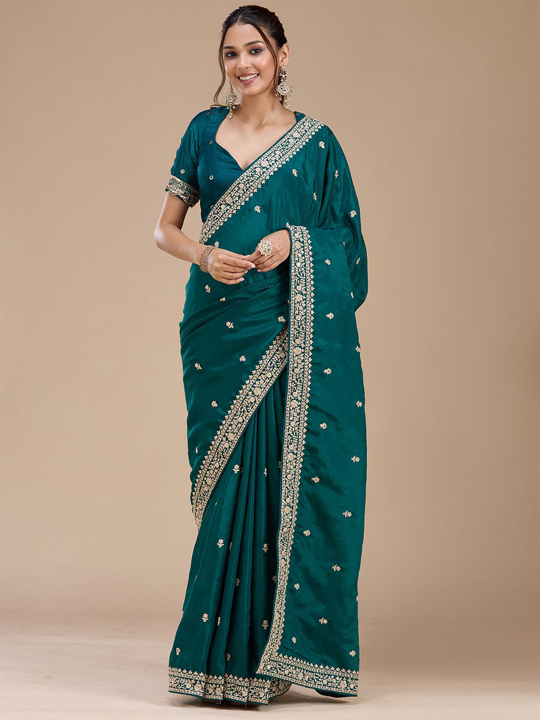 Koskii Rama Green Floral Embroidered Cording Satin Saree