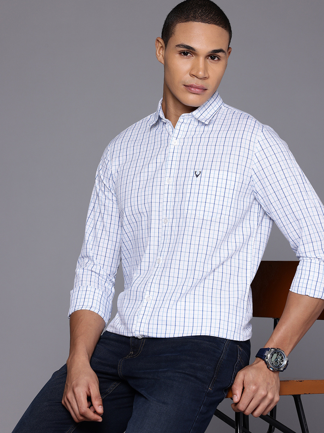 Allen Solly Pure Cotton Comfy Slim Fit Grid Tattersall Checked Casual Shirt