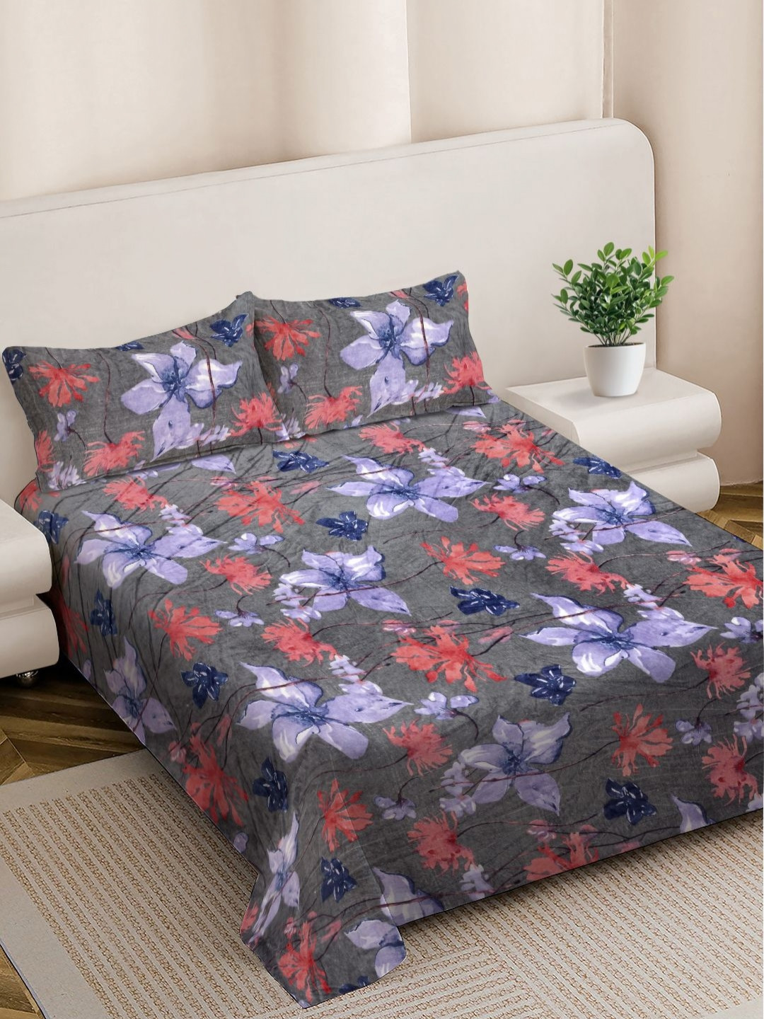 FABINALIV Grey & Red Floral Printed Wool 300 TC King Bedsheet 2.50 m X 2.25 m