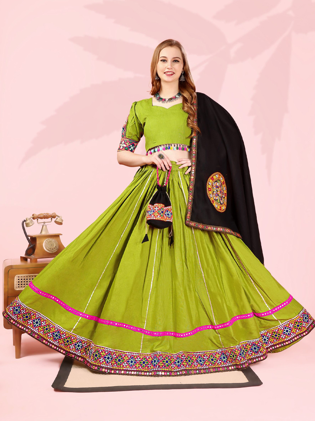 Aavisa Queency Embellished Thread Work Cotton Ready to Wear Lehenga & Blouse With Dupatta