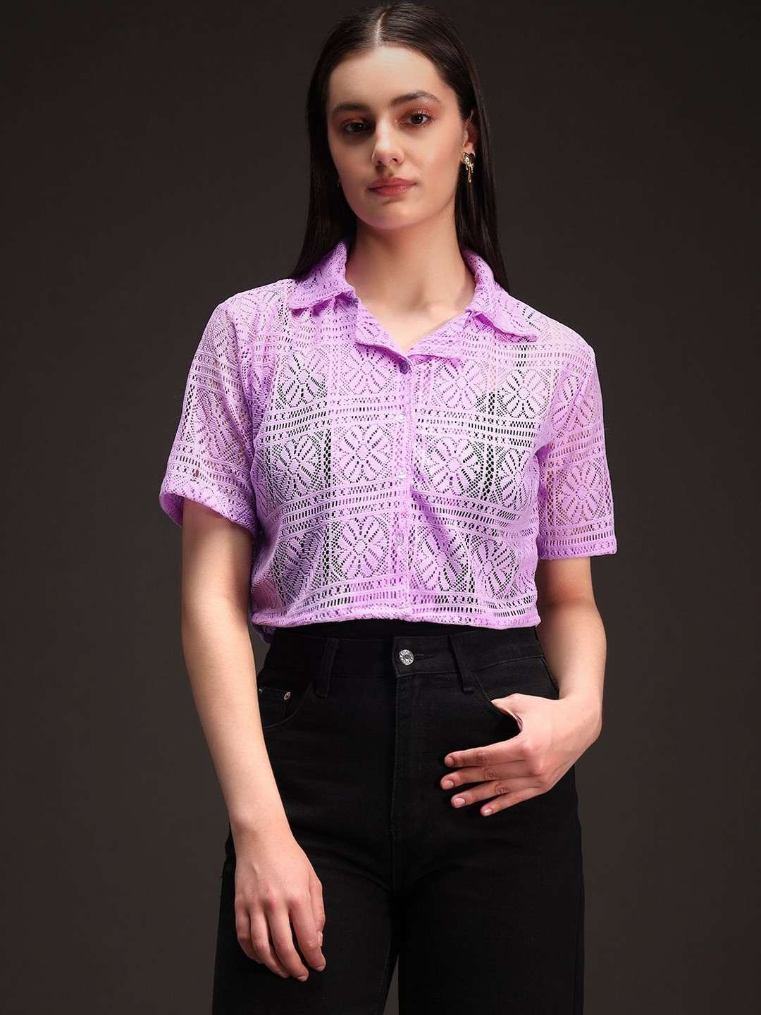 emeros Women Self Design Net Shirt Style Crop Top