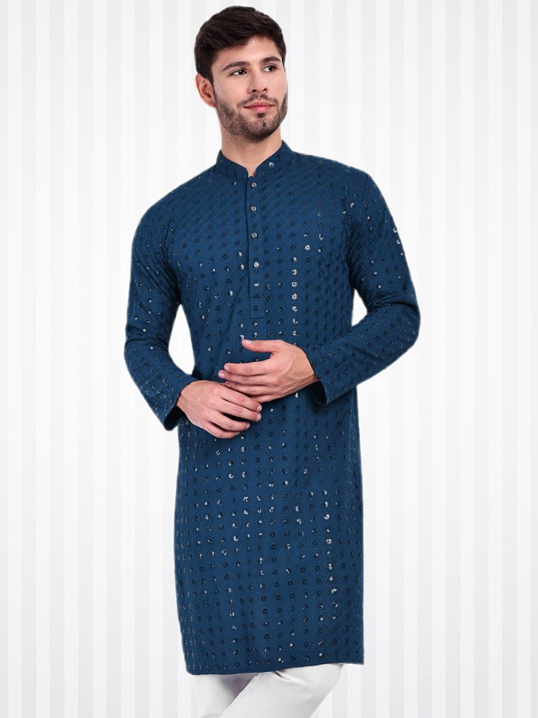 Excent Men Embellished Mandarin Collar Long Sleeves Straight Kurta