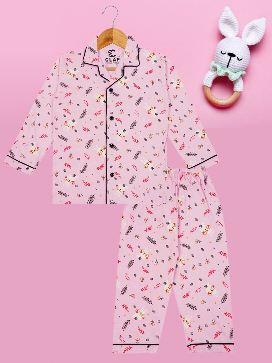 CLAP Girls Lapel Collar Printed Pure Cotton Shirt with Pyjama