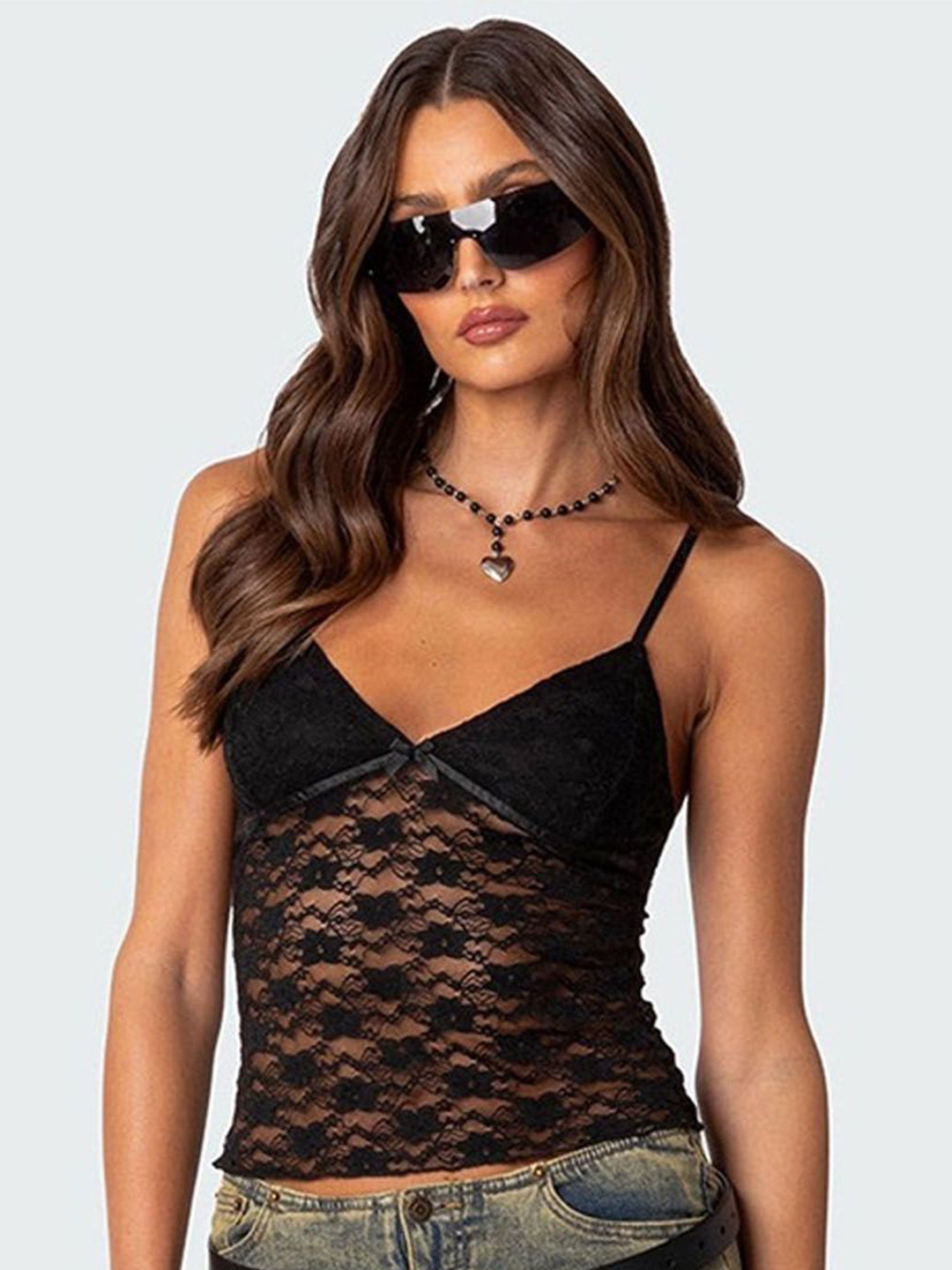 StyleCast Women Self Design Lace Insert Sleeveless Crop Top