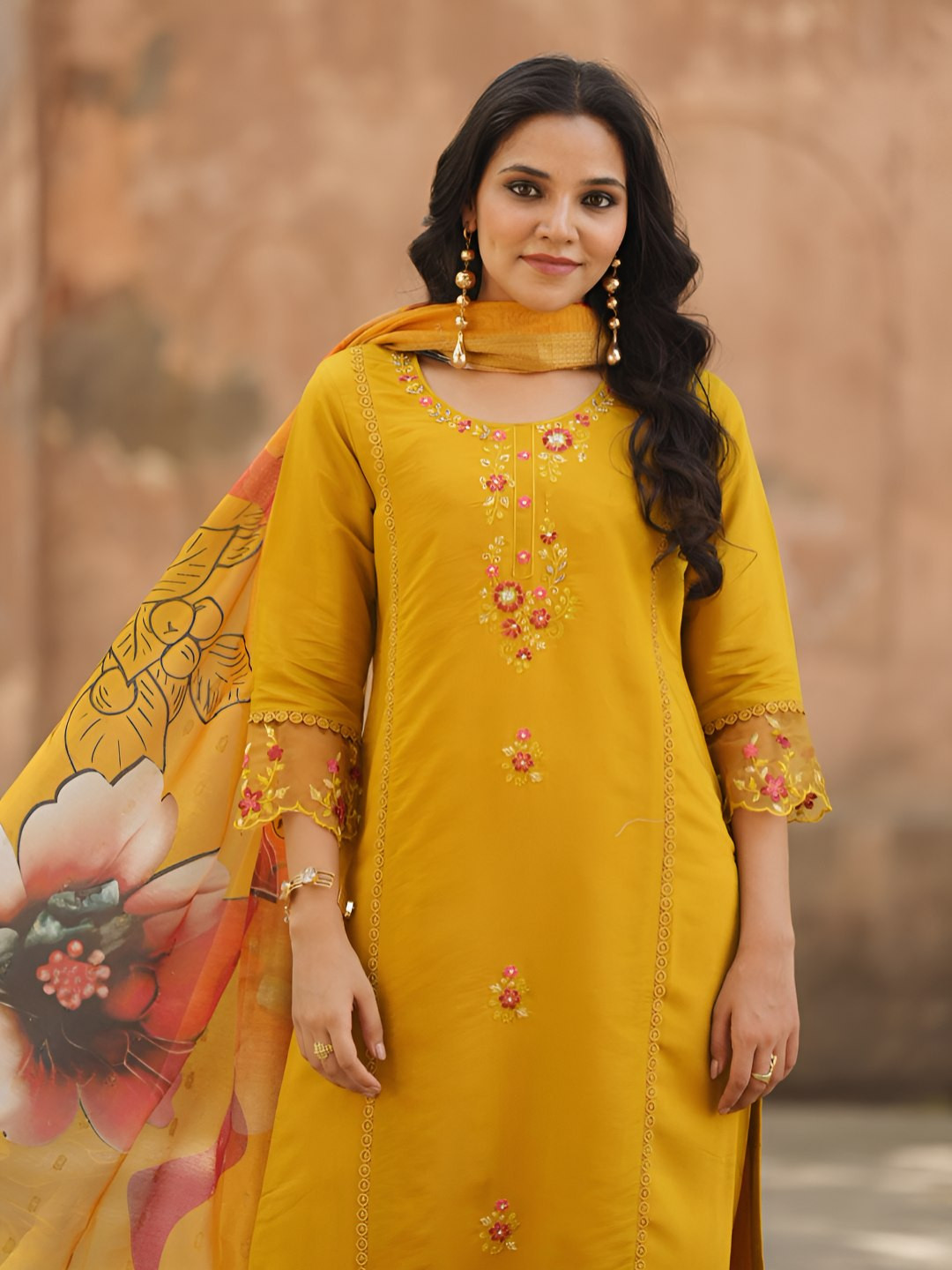 VredeVogel Women's Viscose Roman Silk Kurta with Pant & Organga Dupatta Set