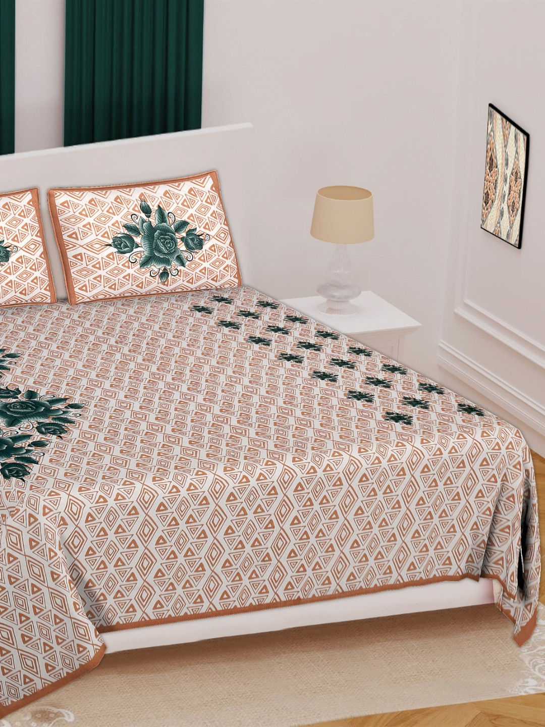 KD PRINTS Brown Printed Cotton Flat 180TC Double Queen Bedsheet Set 0.76m