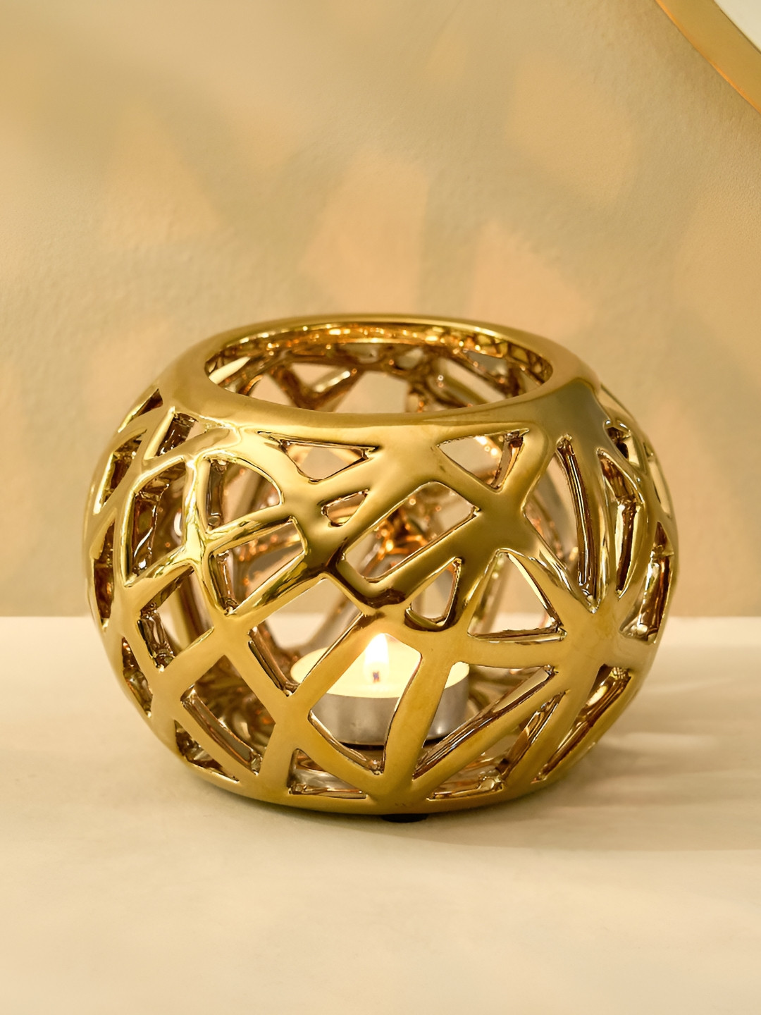 Home Centre Gold-Toned Ceramic Cut-Out T-Light Candle Holder