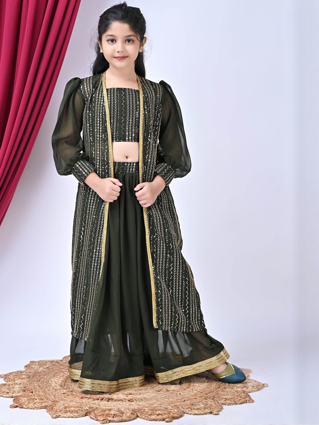 SPAMitude Girls Embroidered Jacket Set With Embroidered Blouse And Palazzo Pants