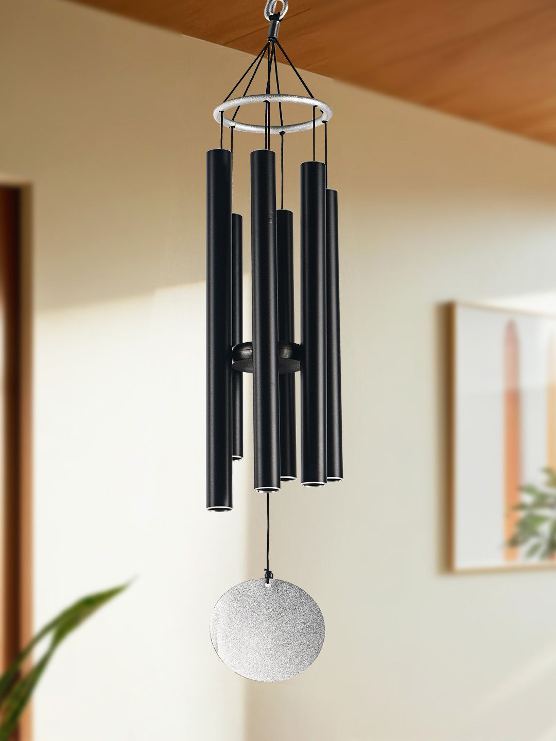 Kuber Industries Black & Grey Textured 6 Pipes Musical Large Windchimes