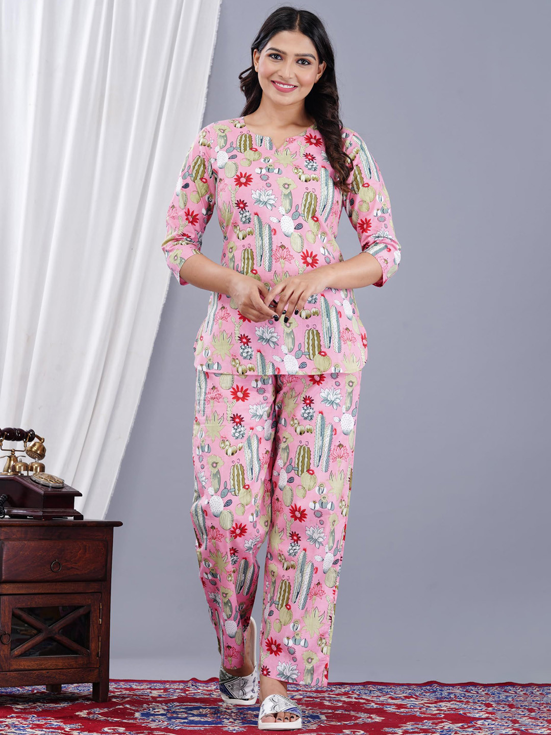 Dhruvi Art jewellery store Floral Printed V-Neck Pure Cotton Kurti With Pyjamas