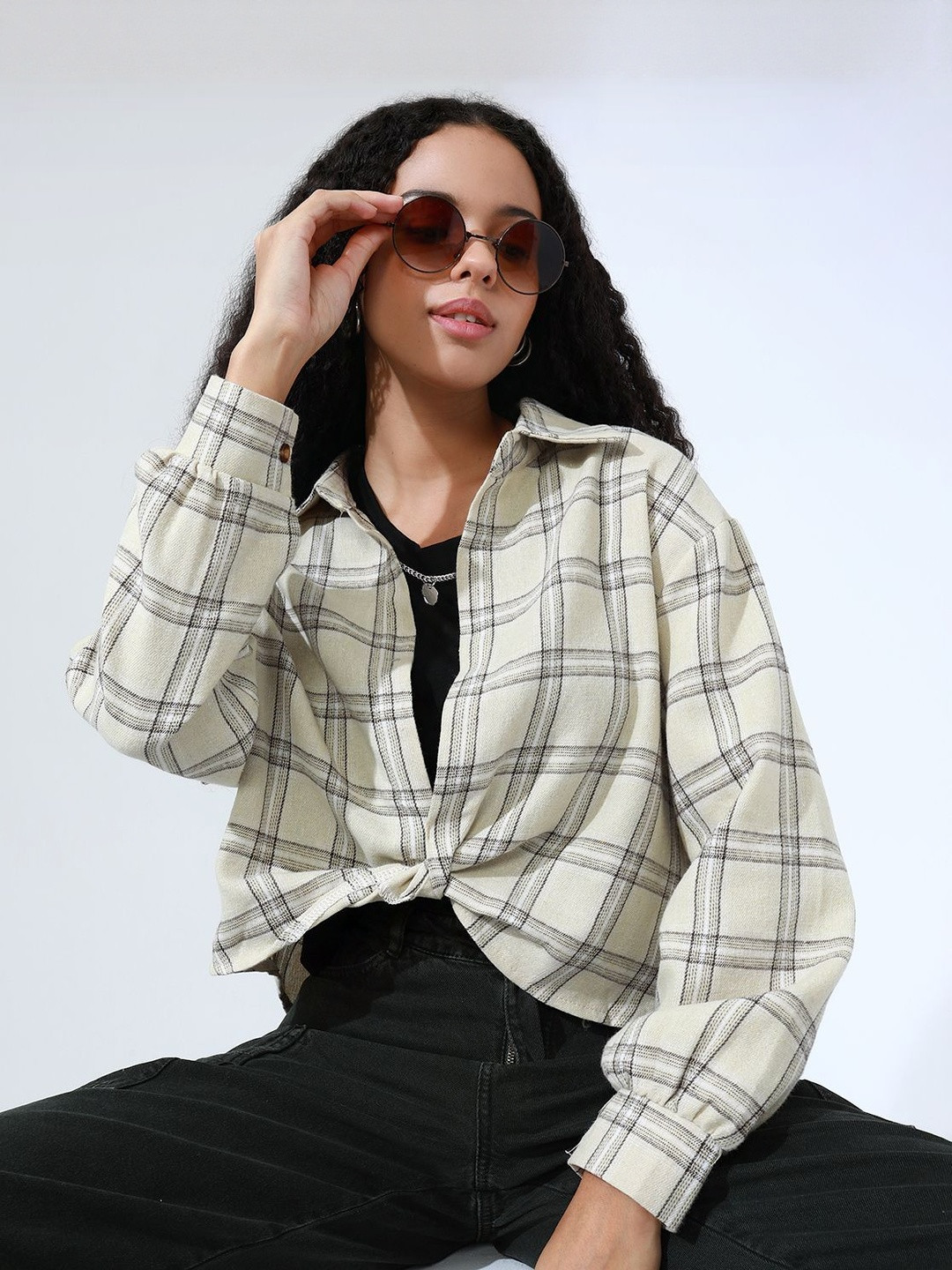 SHOWOFF Women Cream Checked Shirt Style Crop Top