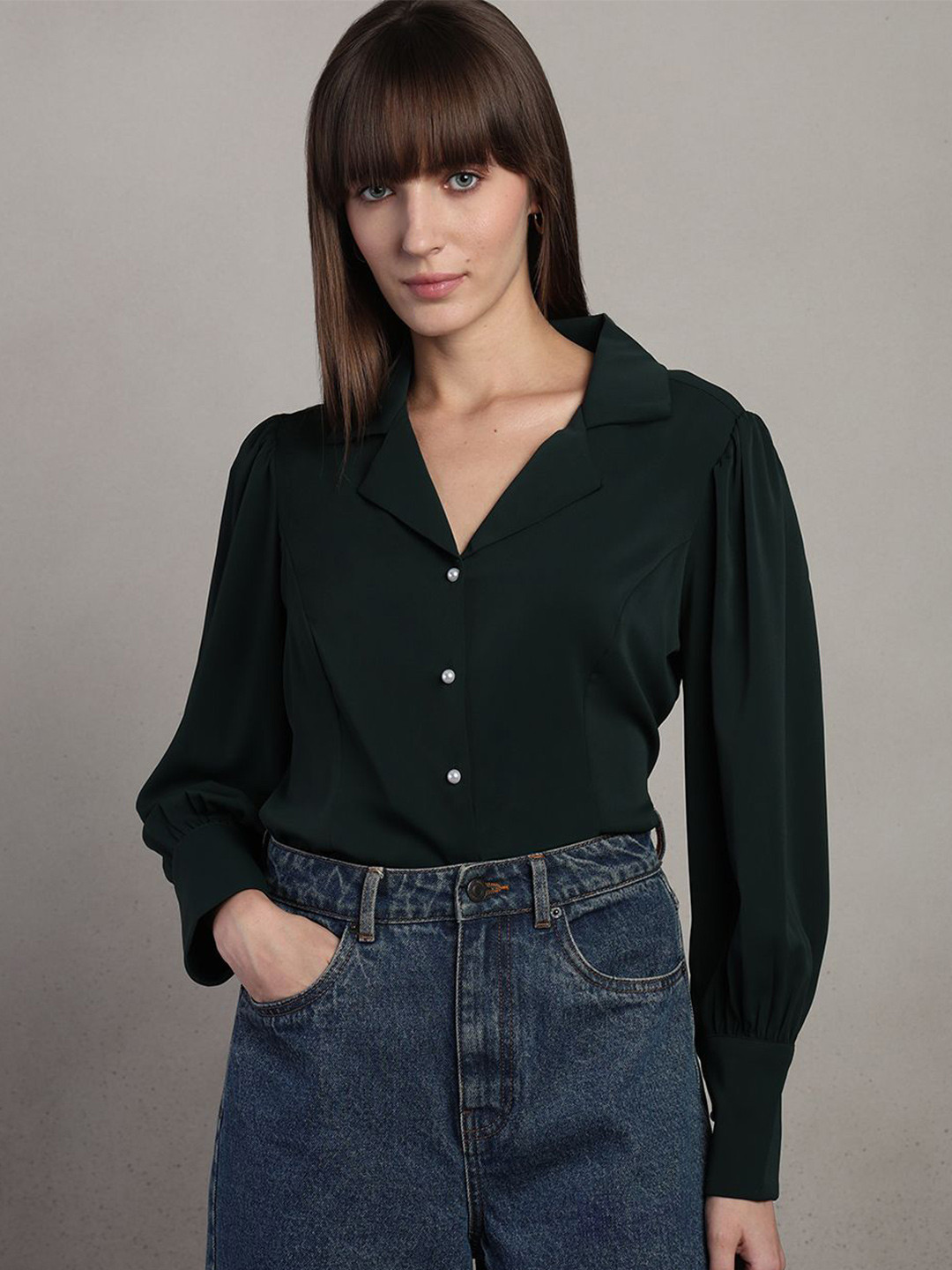 Vero Moda Aster Cuban Collar Puff Sleeves Regular Fit Casual Shirt