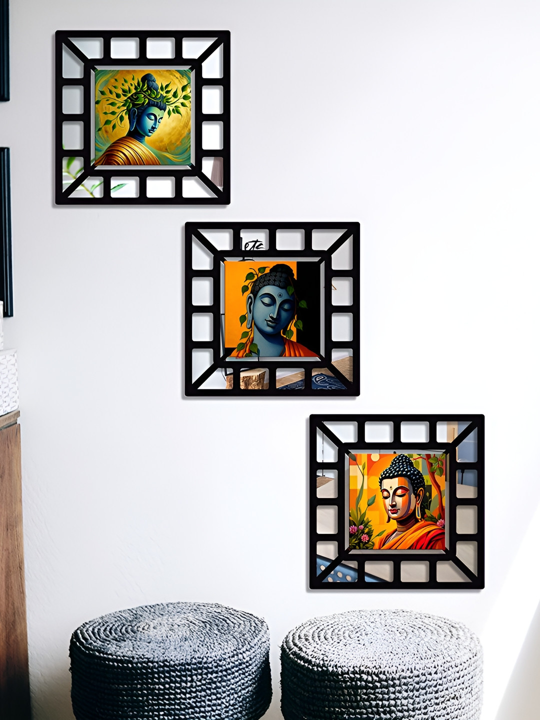 SEHAZ ARTWORKS Black & Yellow 3 Pieces Buddha Printed Wooden Wall Arts