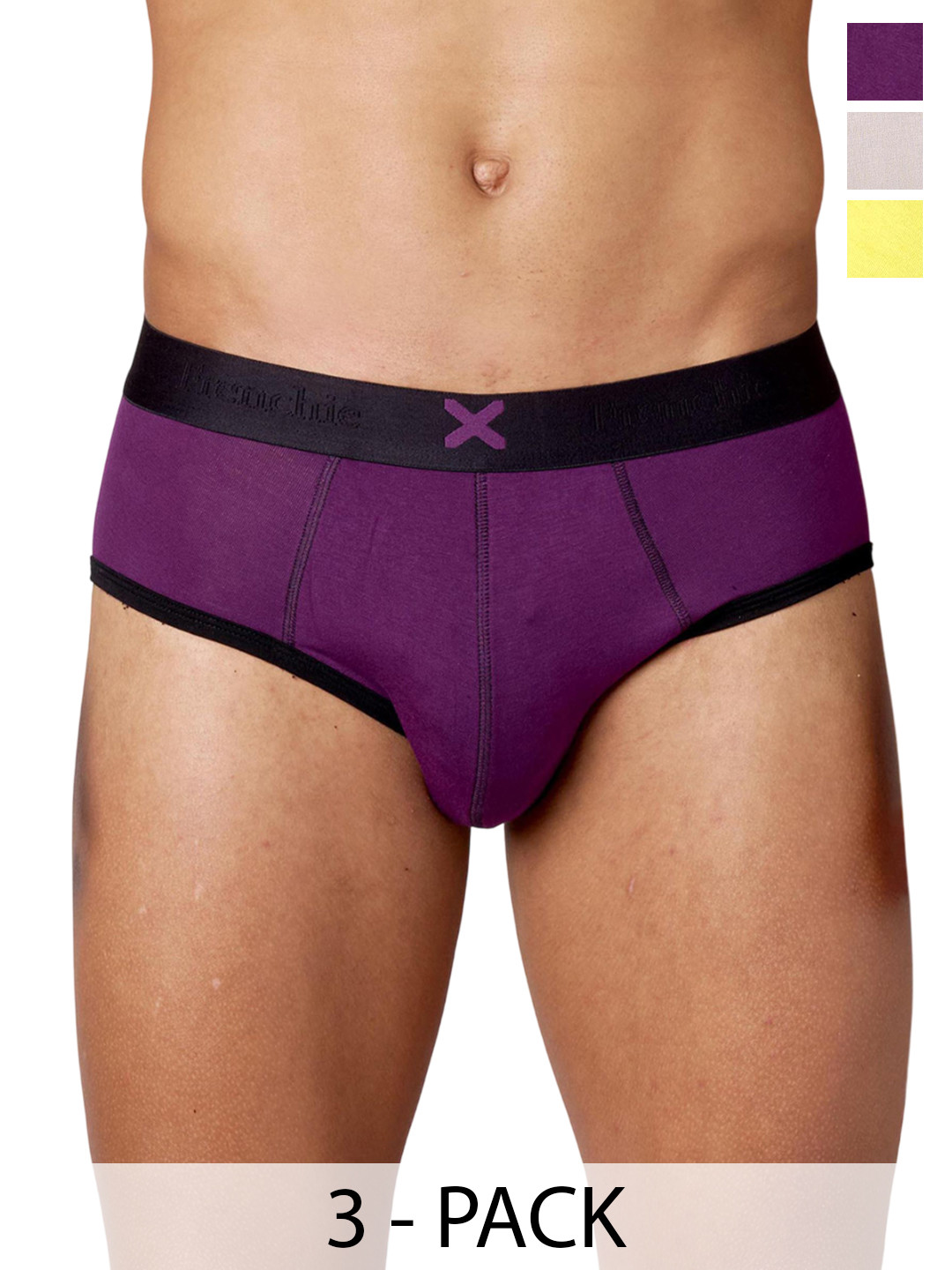 FRENCHIE Men Pack Of 3 Mid Rise Outer Elastic Basic Briefs FR-MI-BF-HYPE-1X5-PO2-LPYLW-S