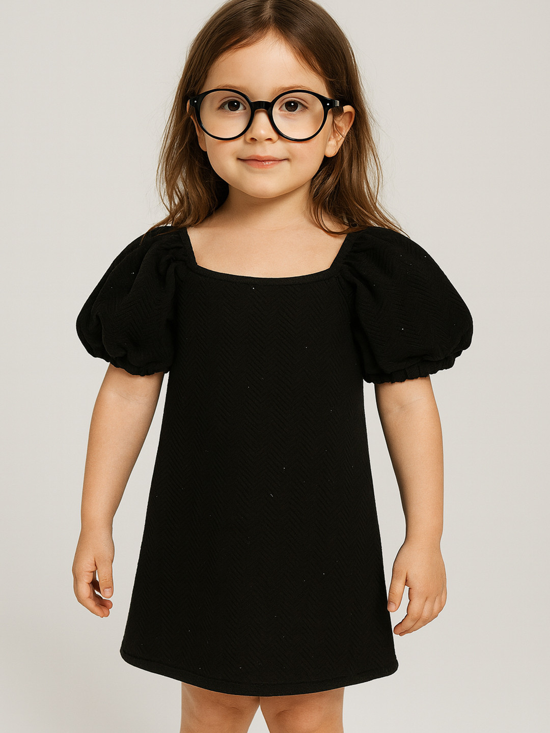 KidsDew Self Designed Square Neck Ruched Sleeves A-Line Dress