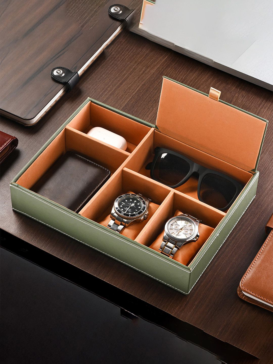 Kuber Industries Golden & Green Faux Leather Jewellery Box & Sunglasses Watch Organisers