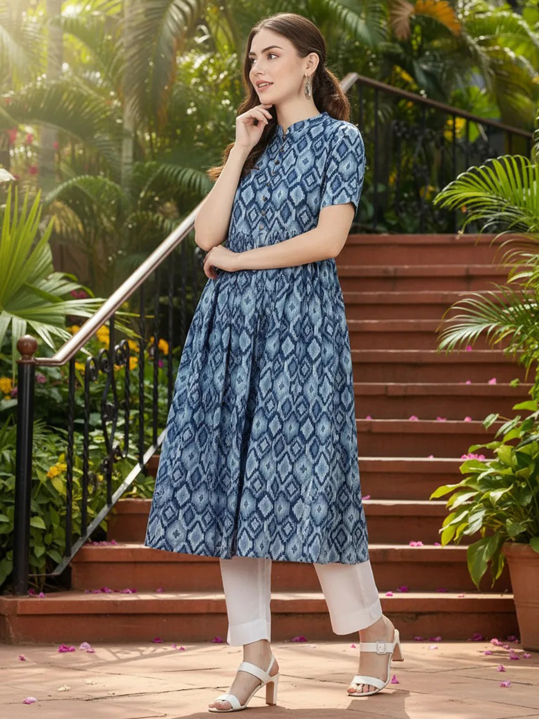 KALINI Geometric Printed Mandarin Collar A-Line Kurta