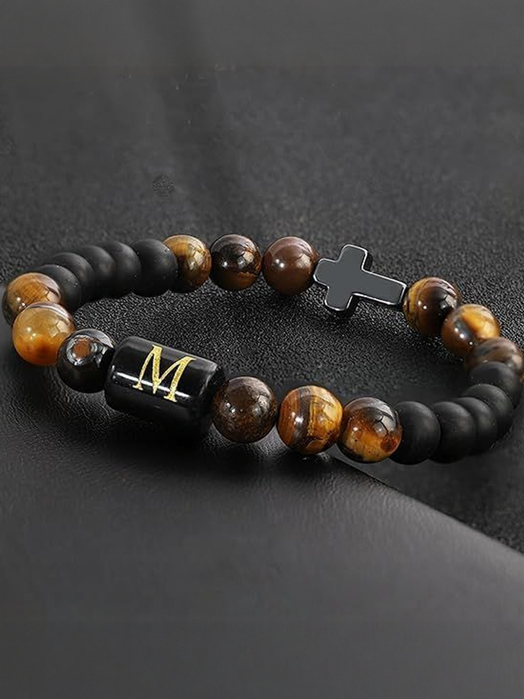 EDMIRIA Unisex Gold-Toned Tigers Eye Cross Ceramic Elasticated Bracelet
