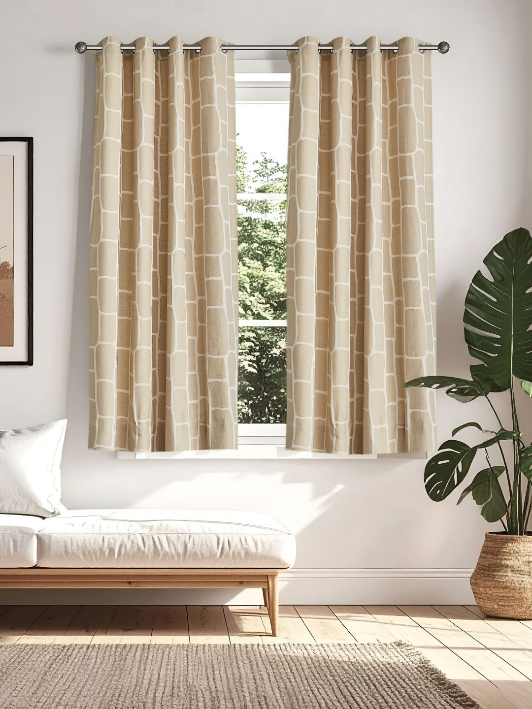 Home Centre Southwalk Beige & White 2 Pieces Geometric Cotton Window Curtains