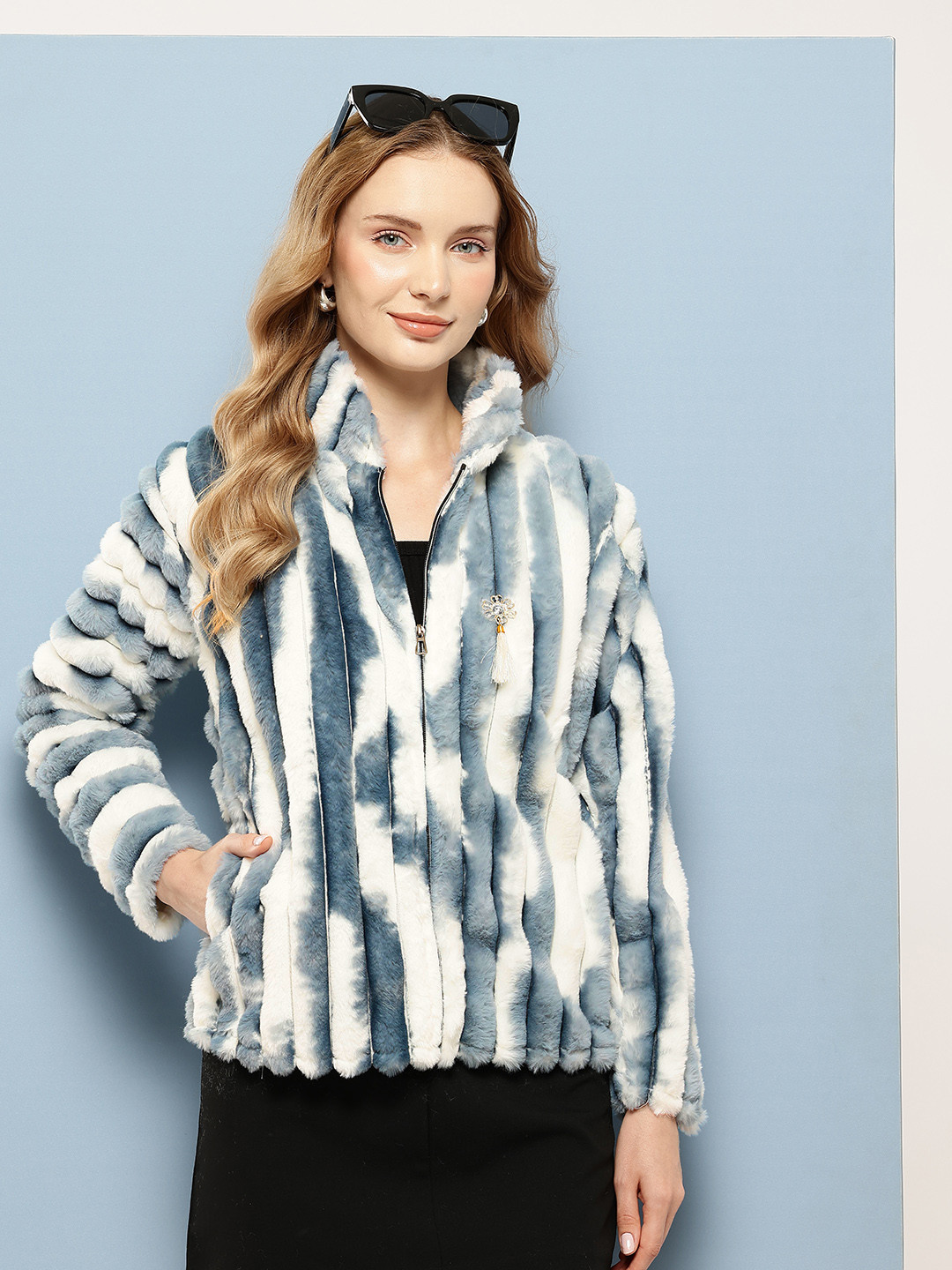 Aarika Self-Striped Tie & Dye Effect Faux Fur Wool Tailored Jacket
