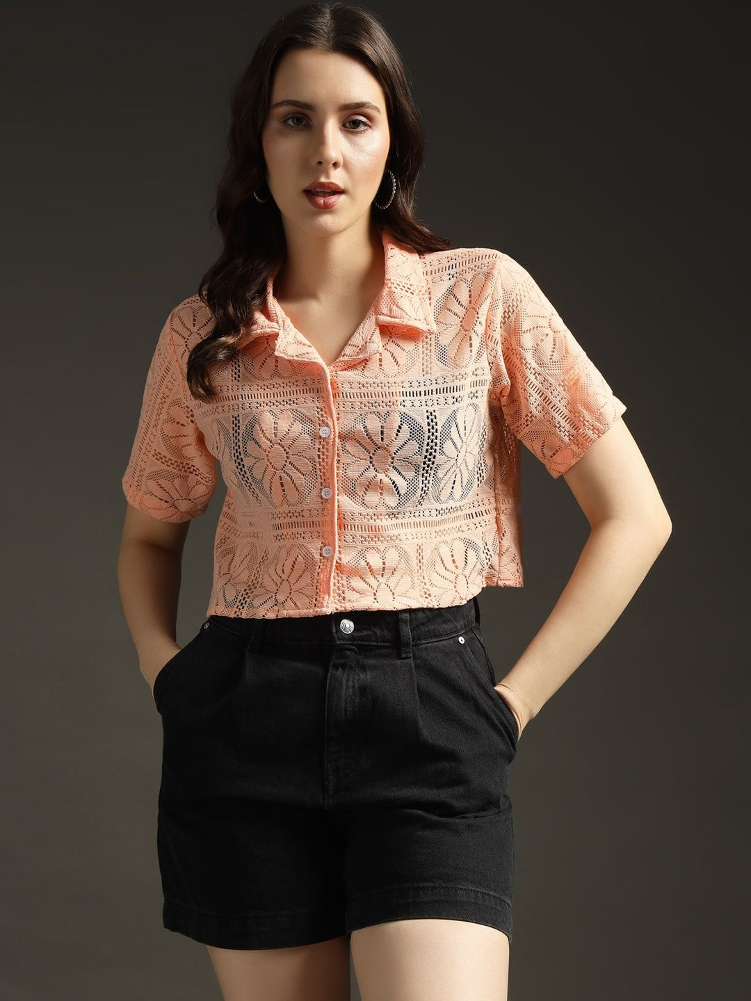 emeros Women Floral Embroidered Net Shirt Style Crop Top