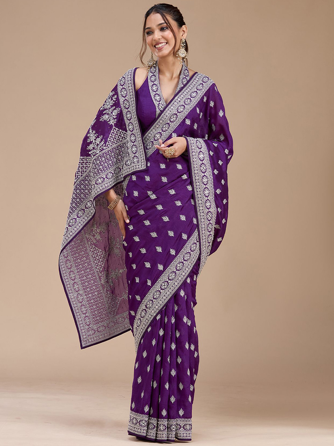 Koskii Purple Ethnic Motifs Zari Work Soft Raw Silk Saree