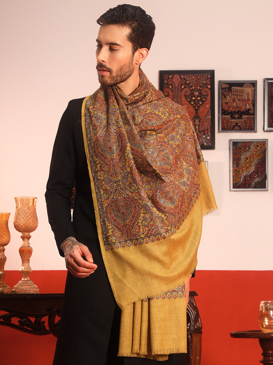 Pashmoda Rehnan Ethnic Motifs Embroidered Pure Woollen Shawl