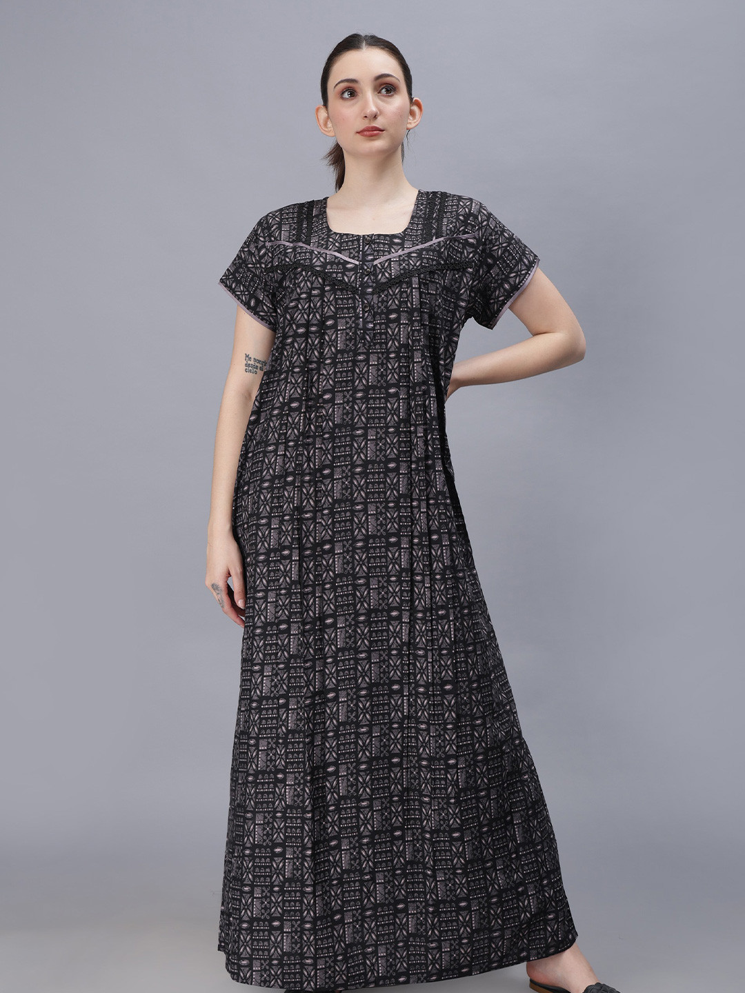 NIGHTSPREE Geometric Printed Organic Cotton Maxi Nightdress