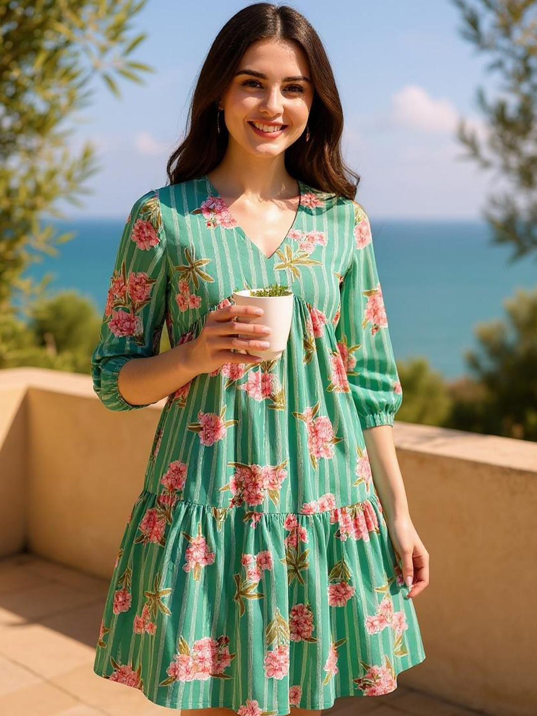 INUKA Women Floral Printed V Neck Knee Length Peplum Dresses