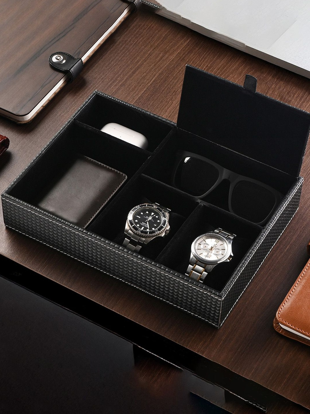 Myntra Elegant Homes Black Textured Faux Leather Jewellery & Watch Organisers