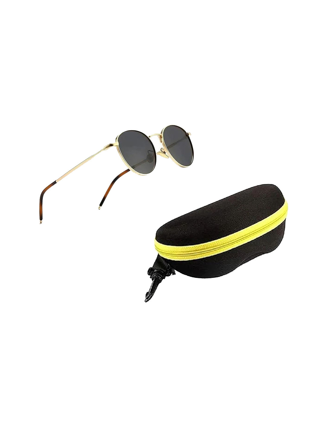 HIPE Black & Gold-Toned Full Rim Round Sunglasses With Soft Pouch