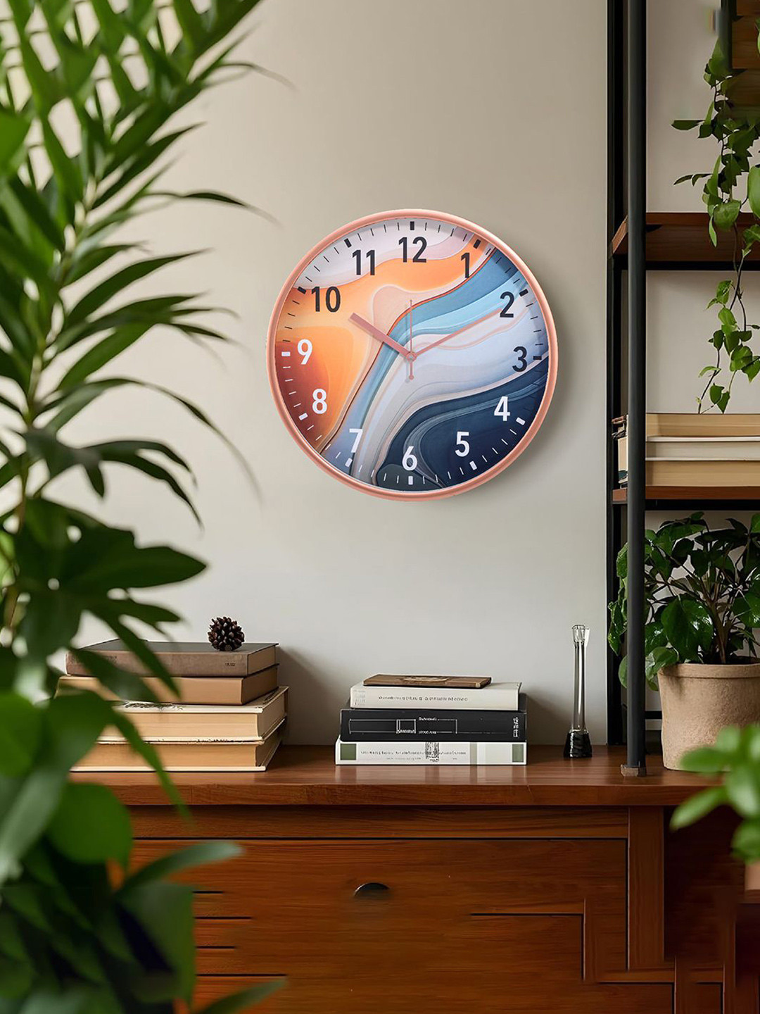 Kuber Industries Orange Colored & White Printed Round Shaped Wall Clock