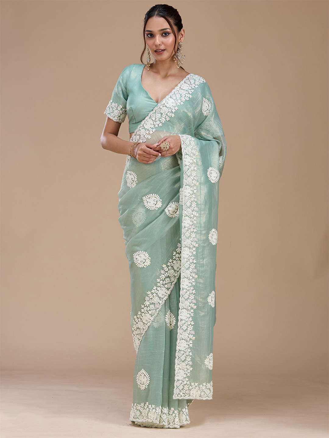 Koskii Sea Green Pearlwork Tissue Saree