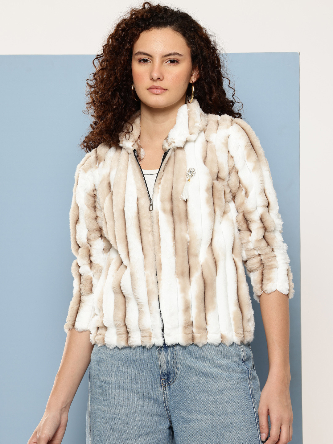 Aarika Self-Striped Tie & Dye Effect Faux Fur Detail Wool Tailored Jacket