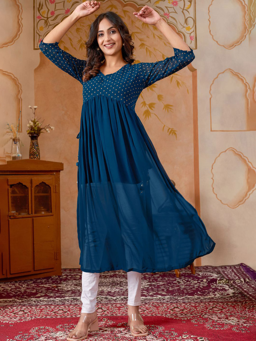 Glomee Women Ethnic Motifs Printed Foil Print Festive A-Line Kurta