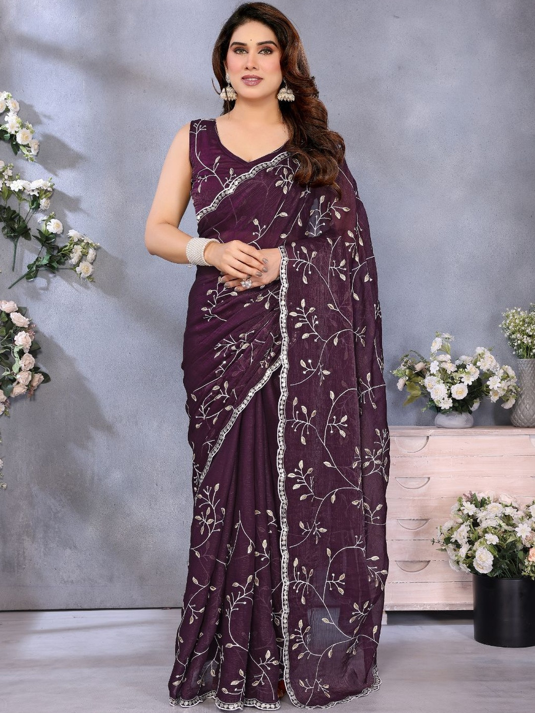 Anouk Women Burgundy Tissue Saree With An Unstitched Blouse Piece