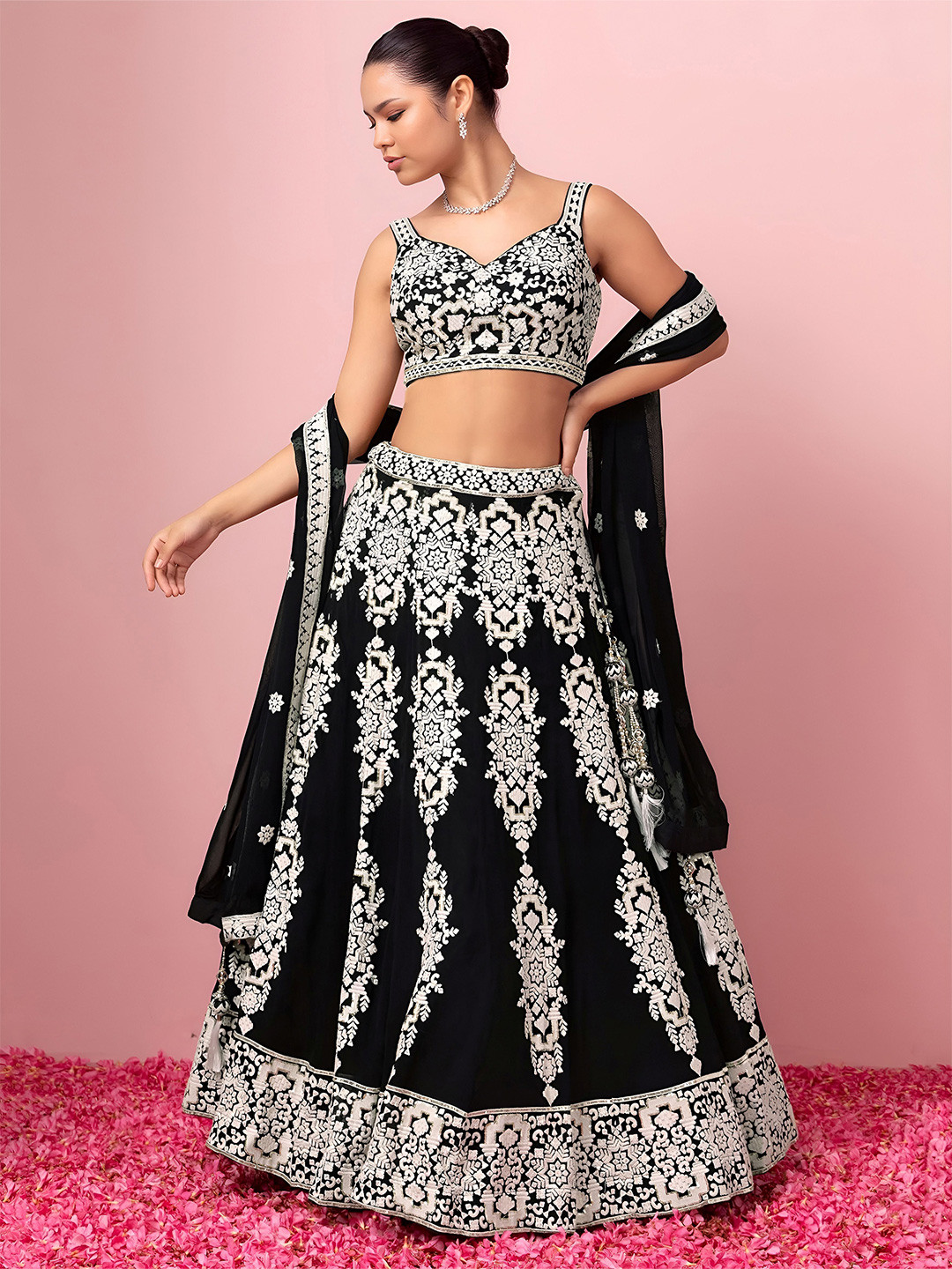 FABPIXEL Floral Embroidered Sequinned Georgette Lehenga & Choli With Dupatta