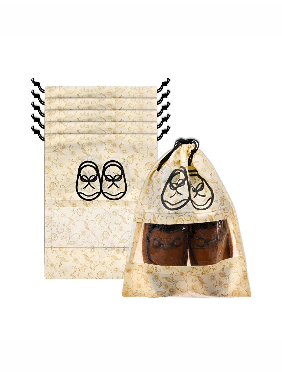 Aura Cream-Coloured & Black 6 Pieces Printed Shoes Organisers